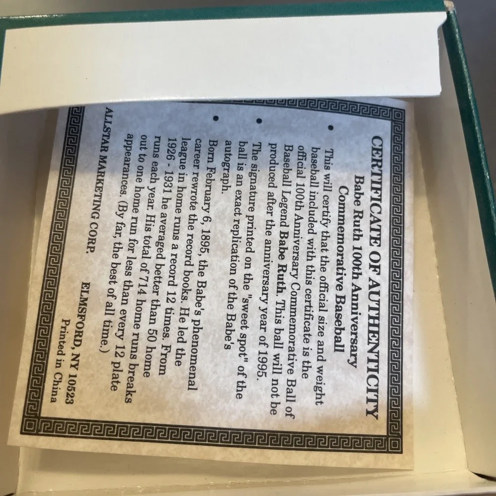 Babe Ruth Printed Signed  Baseball In Bag Certificate Of Authenticity 100th Ann.